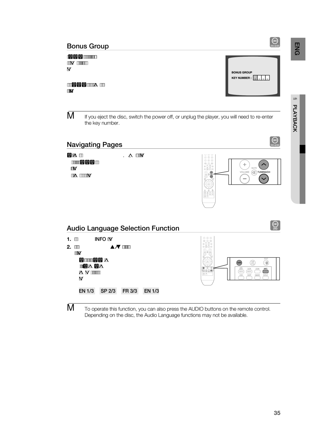 Samsung HT-A100 user manual Bonus group, Navigating Pages, Audio language Selection Function 