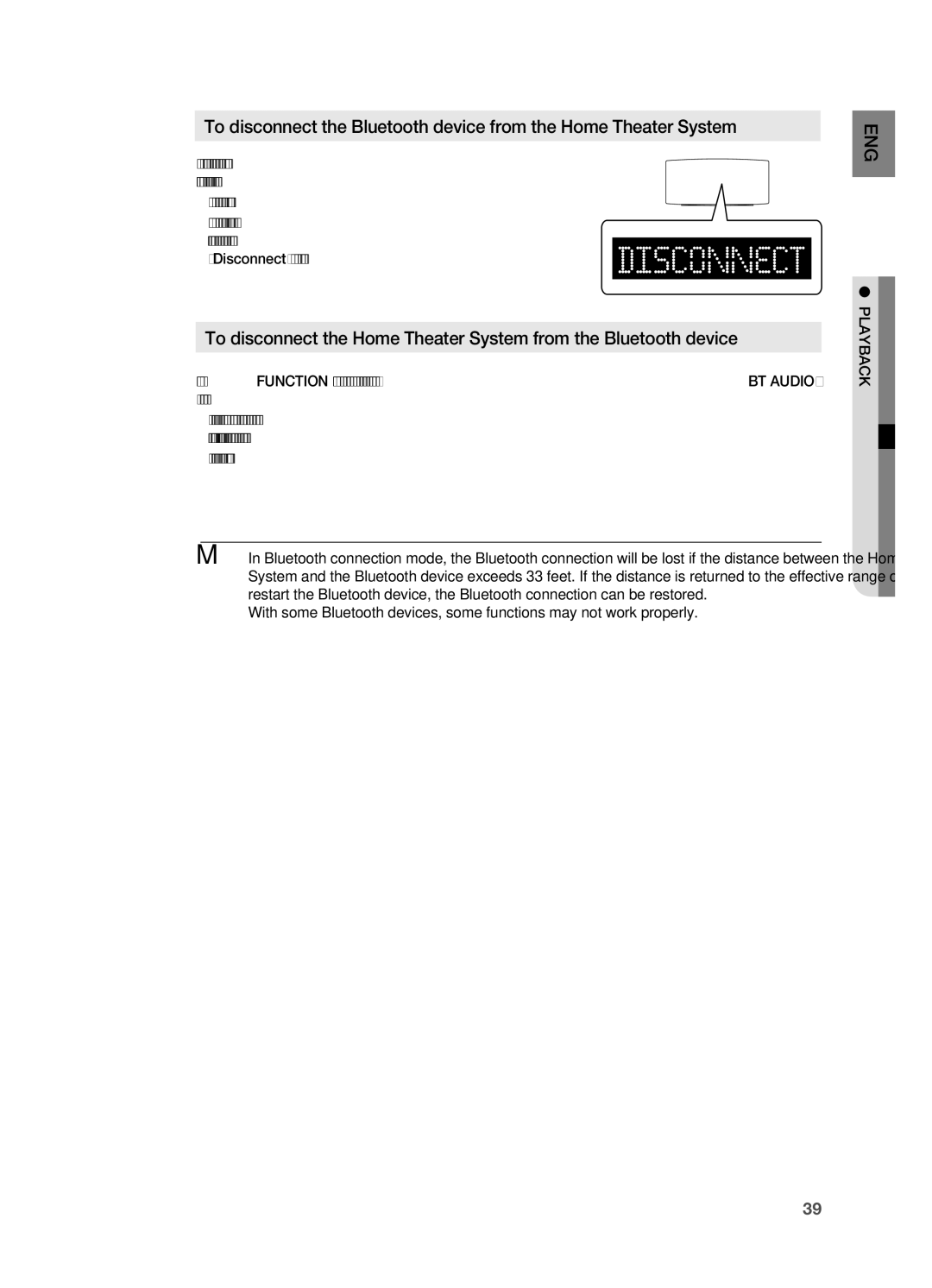 Samsung HT-A100 user manual ~ The Home Theater System will be disconnected, Disconnect on the front display, Lpayback 