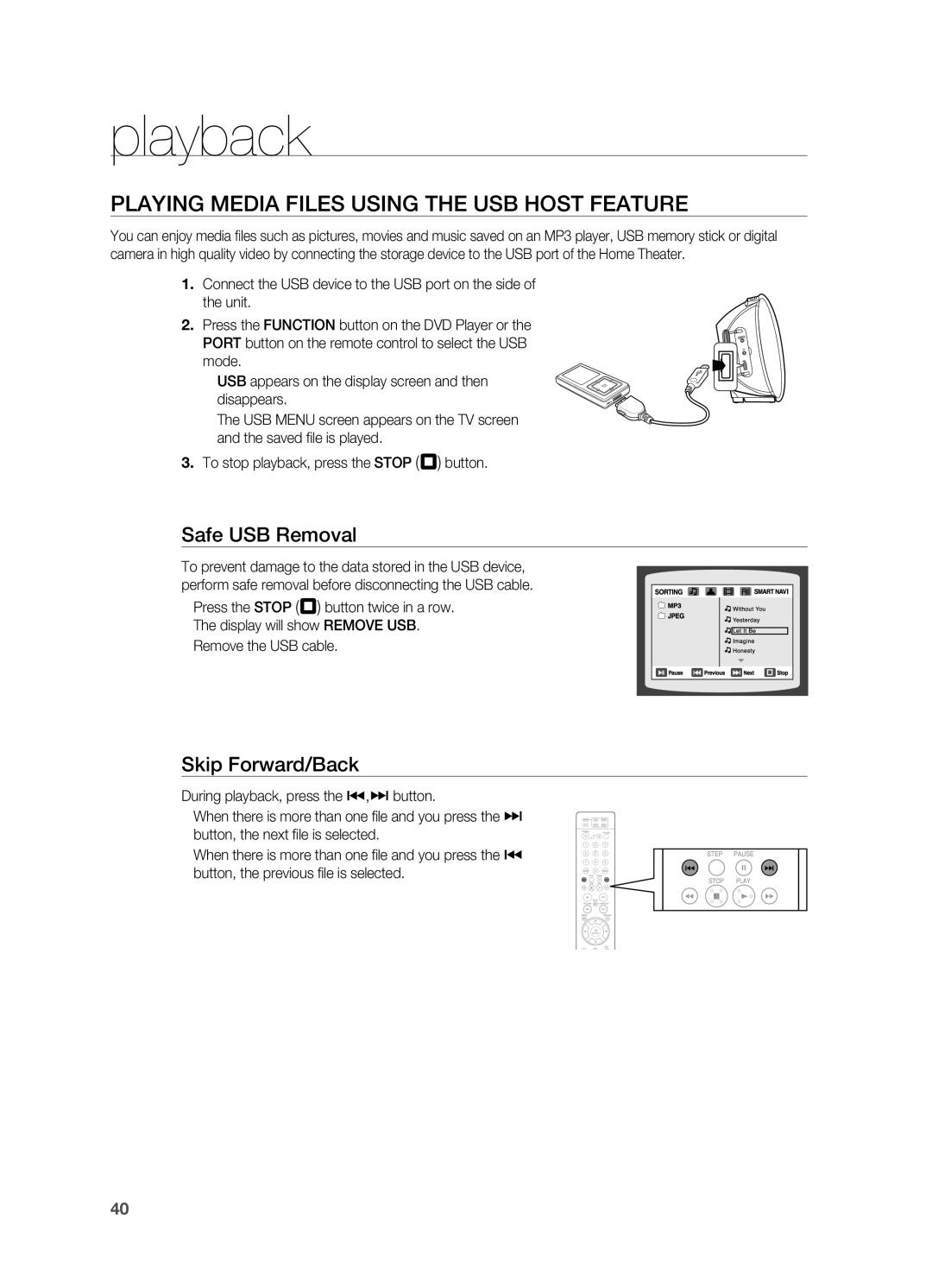 Samsung HT-A100 user manual PlAYINg Media FIlES USINg the USB Host FEATUrE, Safe USB removal, ~ Remove the USB cable 