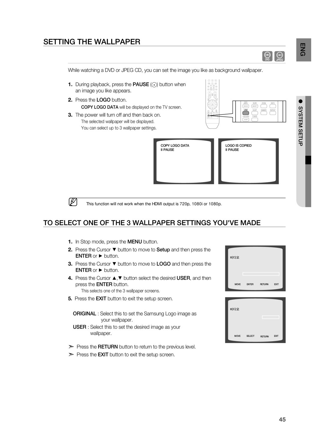 Samsung HT-A100 user manual SETTINg the WAllPAPEr, To SElECT ONE of the 3 WAllPAPEr SETTINgS Youve Made, System Setup 