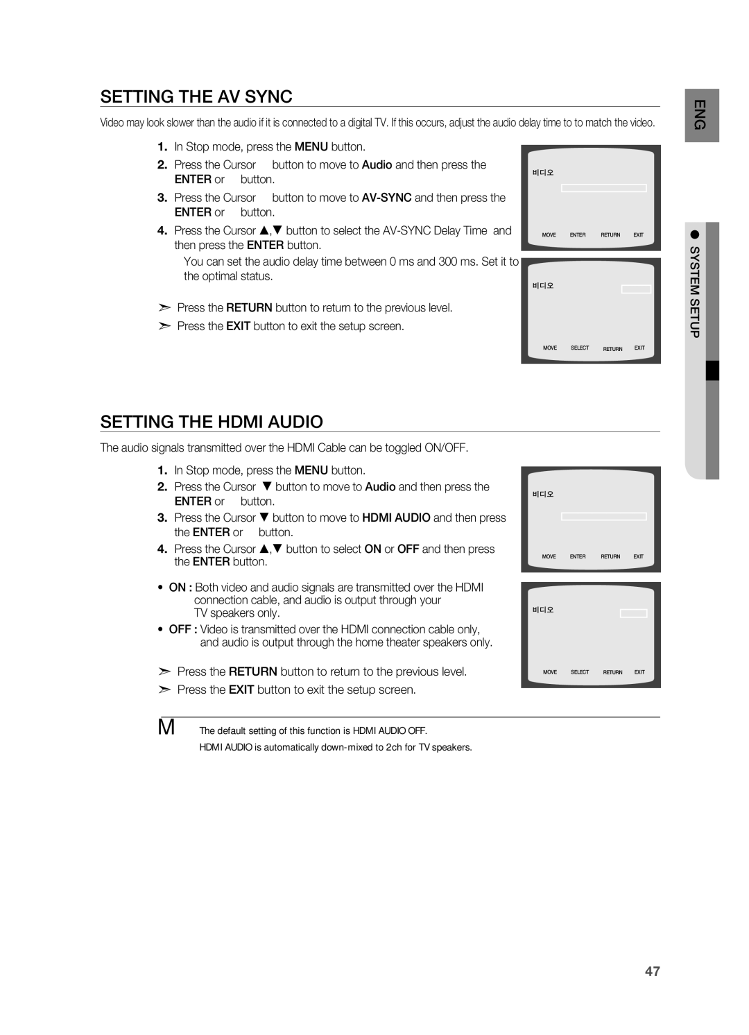 Samsung HT-A100 user manual Setting the AV Sync, Setting the Hdmi Audio 