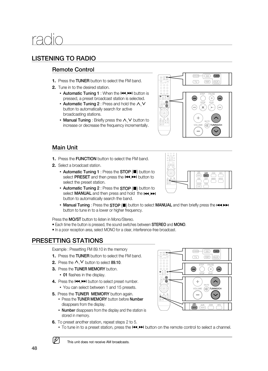 Samsung HT-A100 user manual Radio, LISTENINg to rADIO, PrESETTINg Stations, Remote Control, Main Unit 