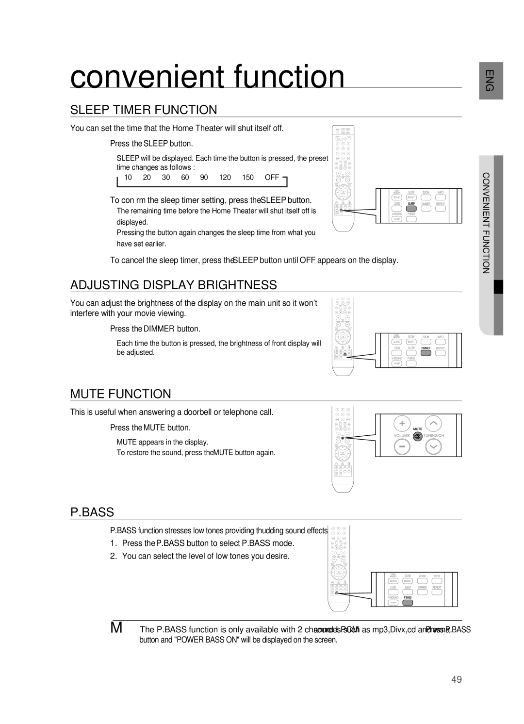 Samsung HT-A100 user manual Convenient function, SlEEP TIMEr Function, ADJUSTINg DISPlAY BrIgHTNESS, Convenient Function 