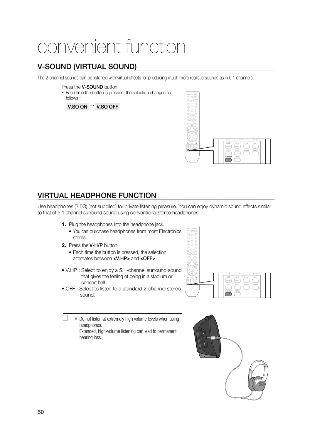 Samsung HT-A100 user manual Sound VIrTUAl Sound, VIrTUAl Headphone Function, SO on  V.SO OFF 