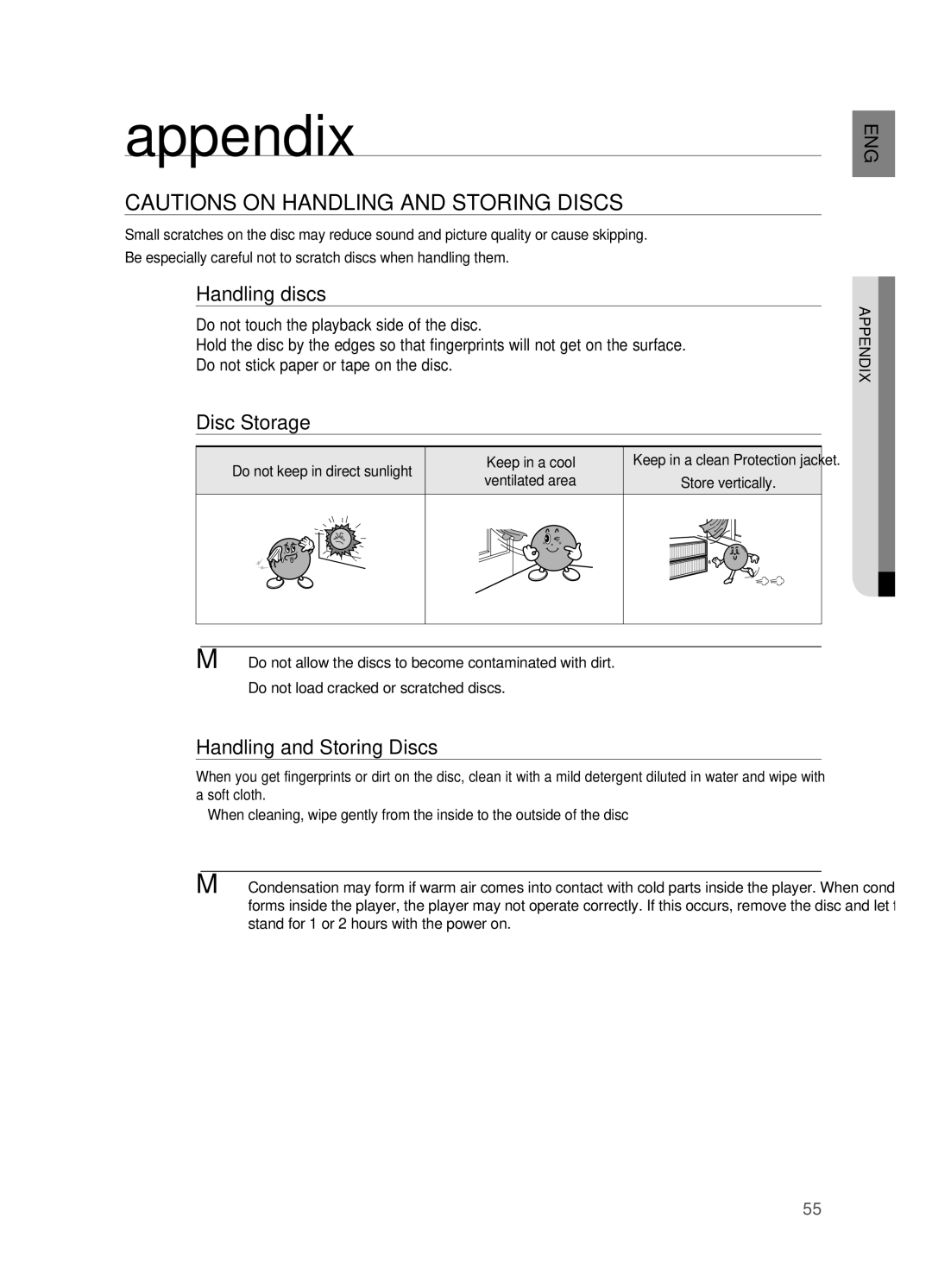 Samsung HT-A100 user manual Appendix, Handling discs, Disc Storage, Handling and Storing Discs 