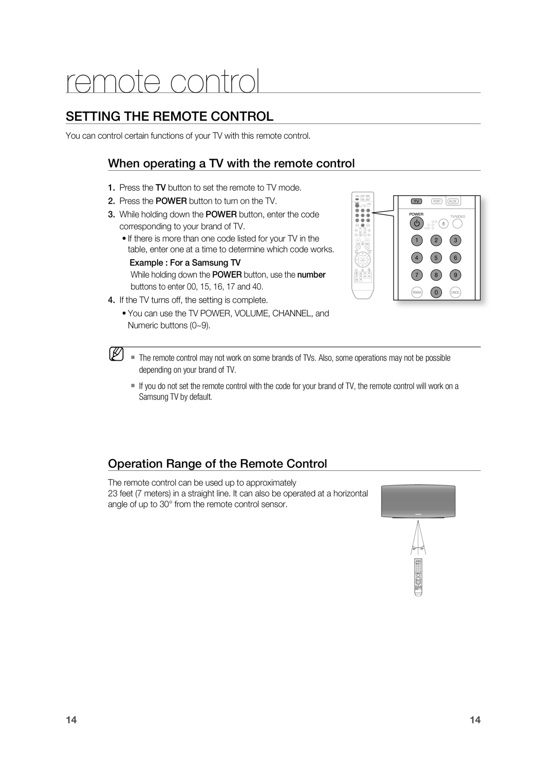 Samsung HT-A100 user manual SETTINg THE rEMOTE CONTrOl, When operating a TV with the remote control 