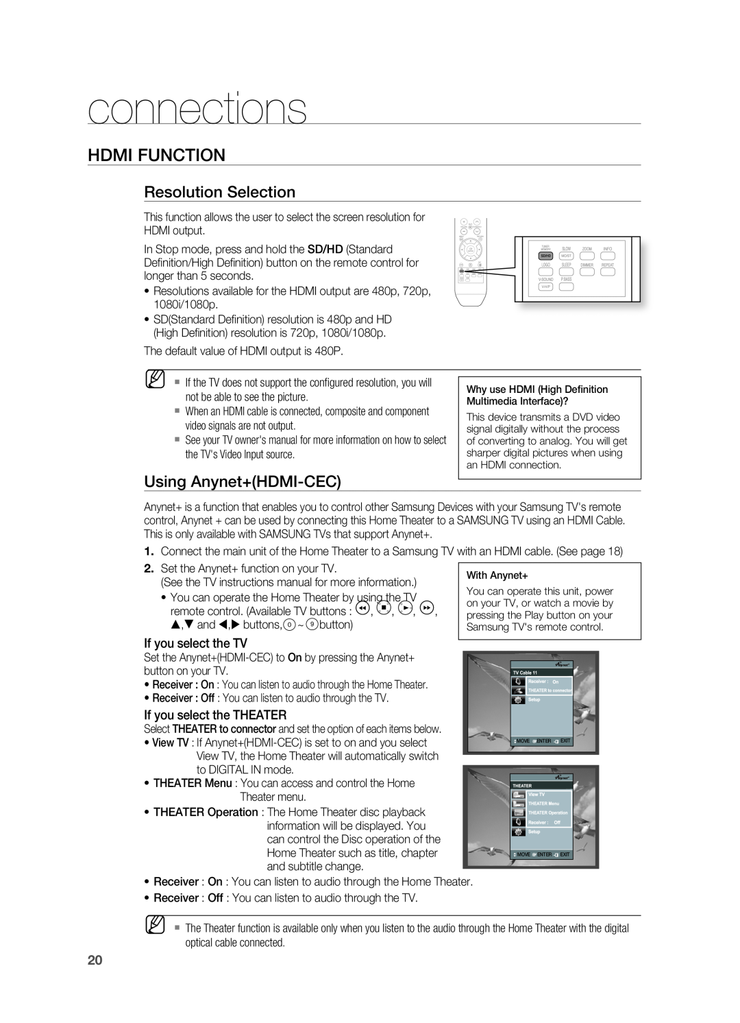 Samsung HT-A100 user manual Hdmi Function, resolution Selection, Using Anynet+HDMI-CEC, connections 