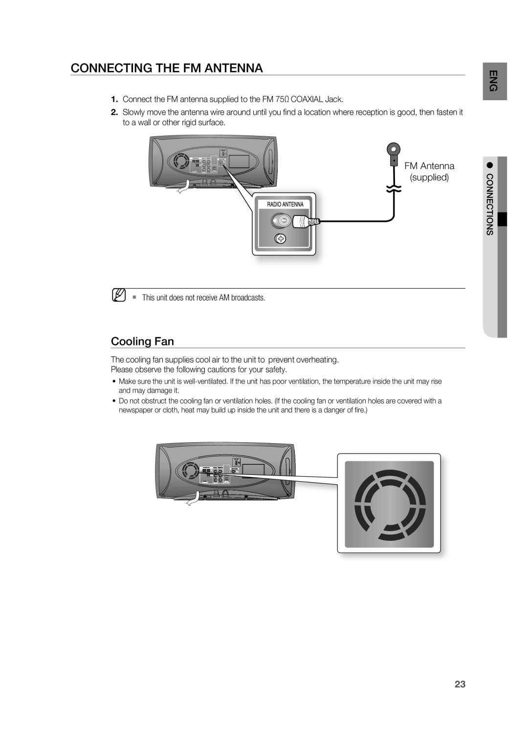 Samsung HT-A100 user manual Connecting the FM Antenna, Cooling Fan 