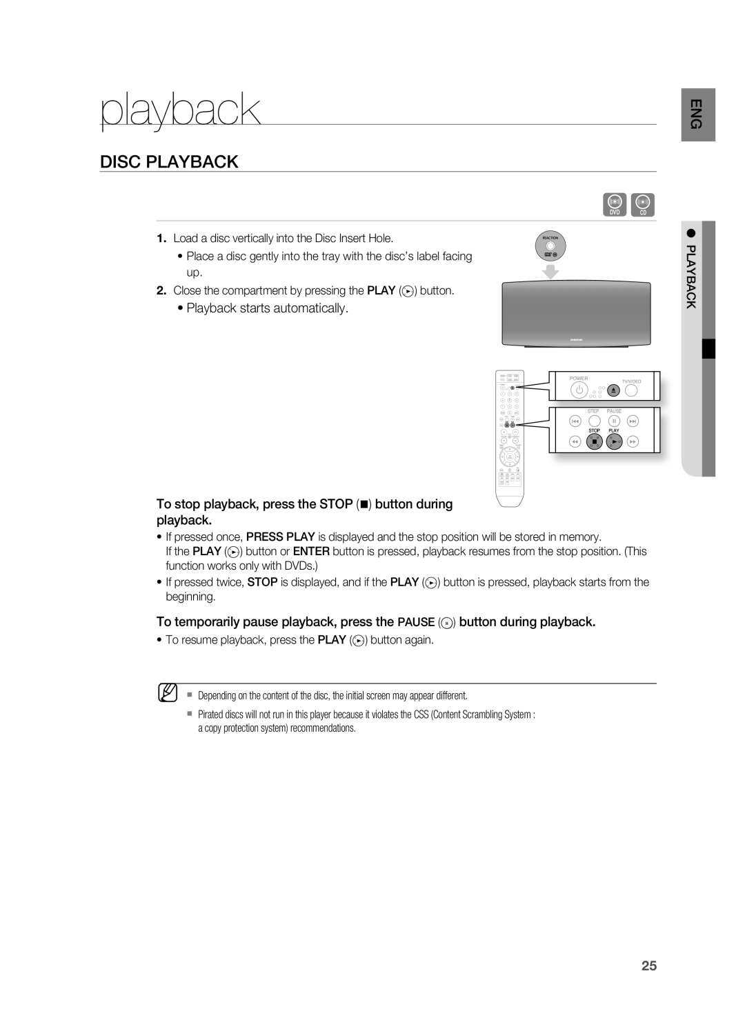 Samsung HT-A100 user manual playback, DISC PlAYBACK 