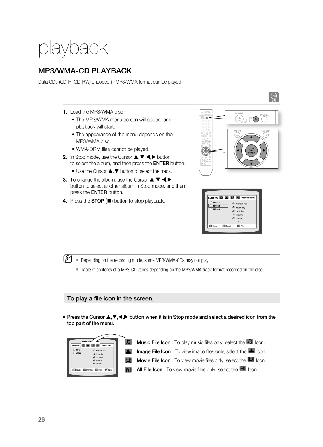 Samsung HT-A100 user manual MP3/WMA-CDPlAYBACK, playback, To play a file icon in the screen 