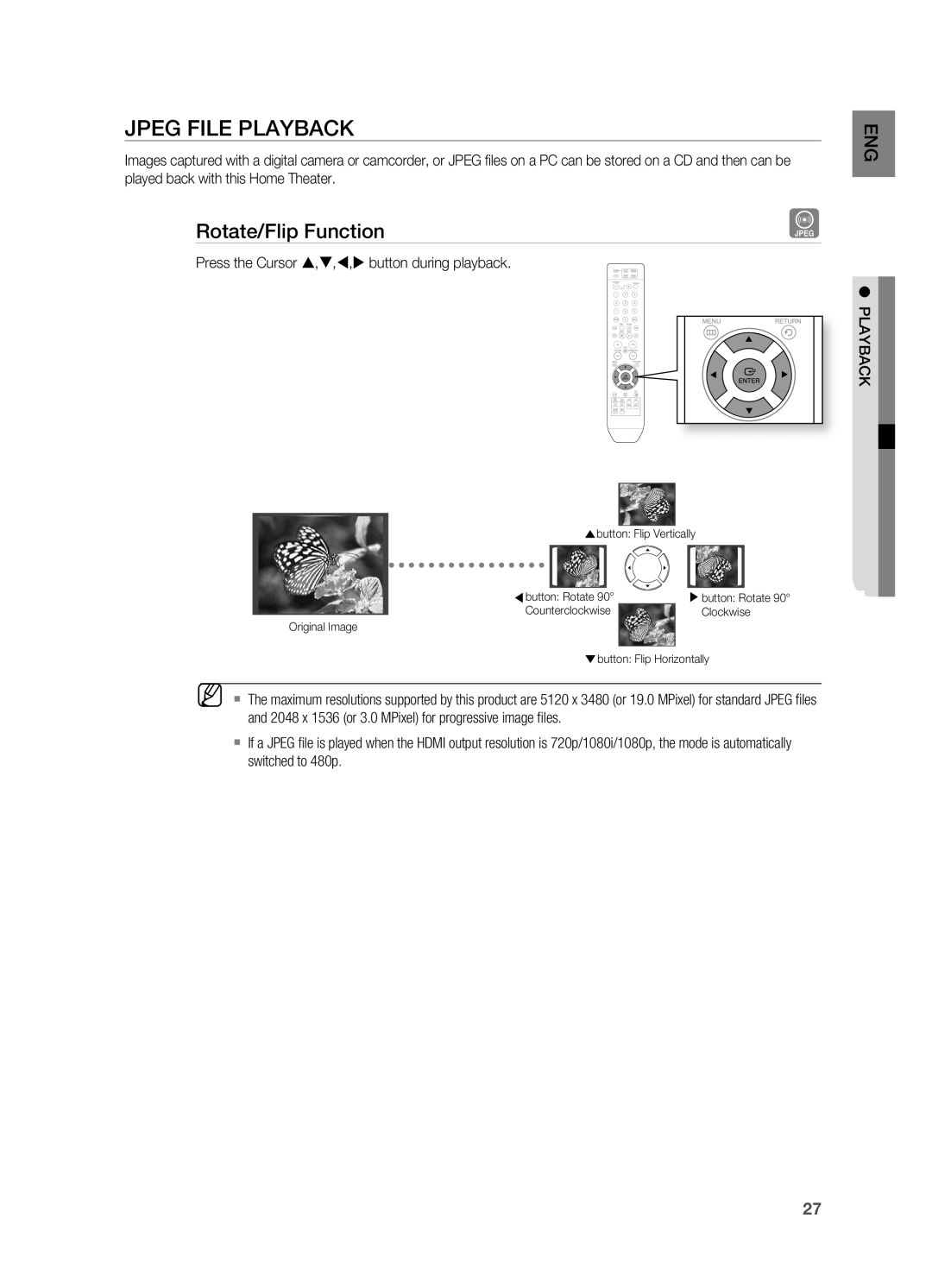 Samsung HT-A100 user manual JPEg FIlE PlAYBACK, rotate/Flip Function 