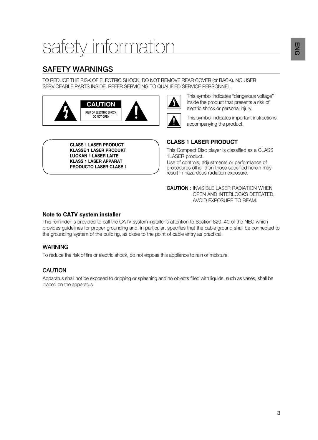 Samsung HT-A100 user manual safety information, Safety Warnings, Note to CATV system installer, CLASS 1 LASER PRODUCT 