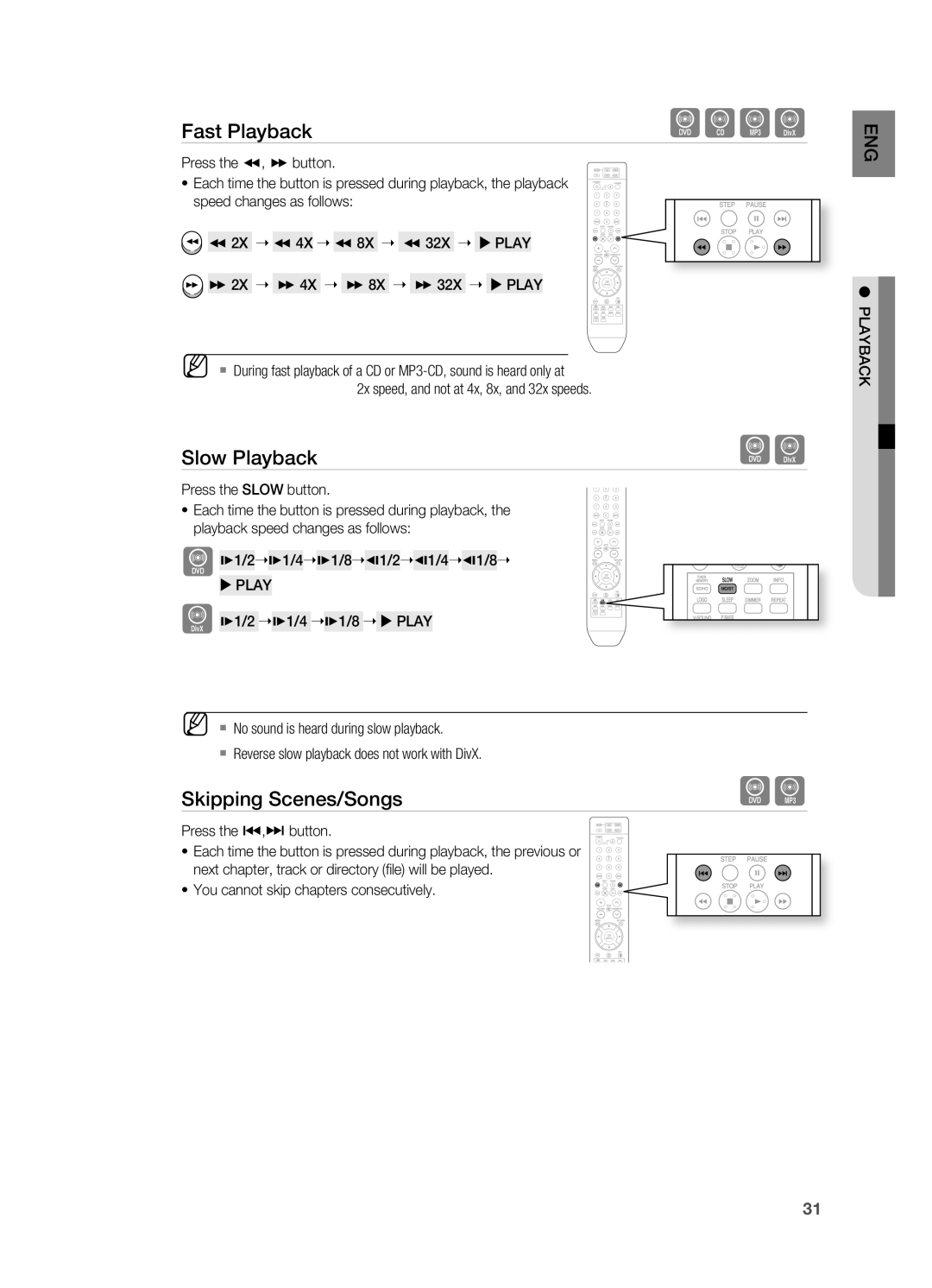Samsung HT-A100 user manual Slow Playback, Skipping Scenes/Songs, Fast Playback 