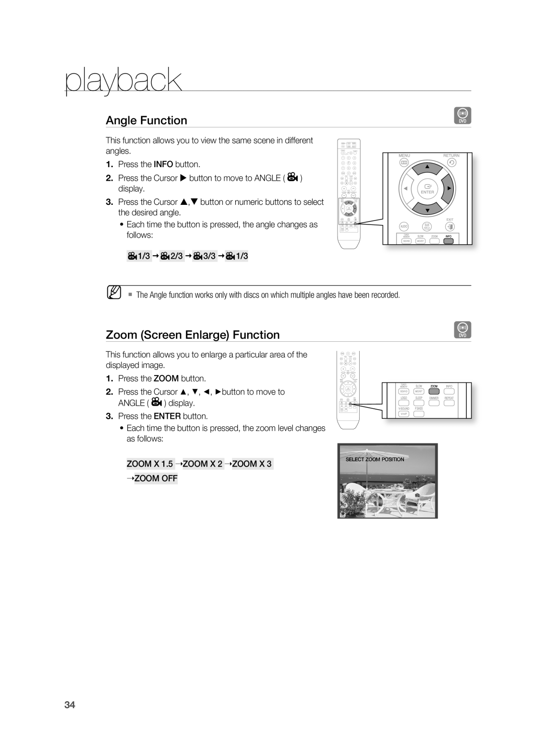 Samsung HT-A100 user manual Angle Function, Zoom Screen Enlarge Function, playback 