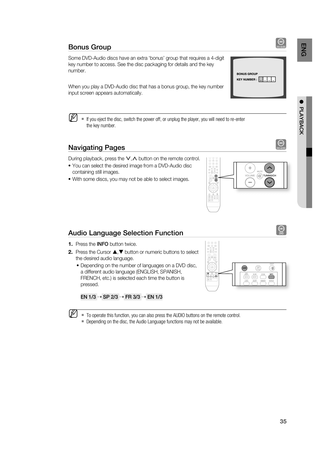 Samsung HT-A100 user manual Bonus group, Navigating Pages, Audio language Selection Function 