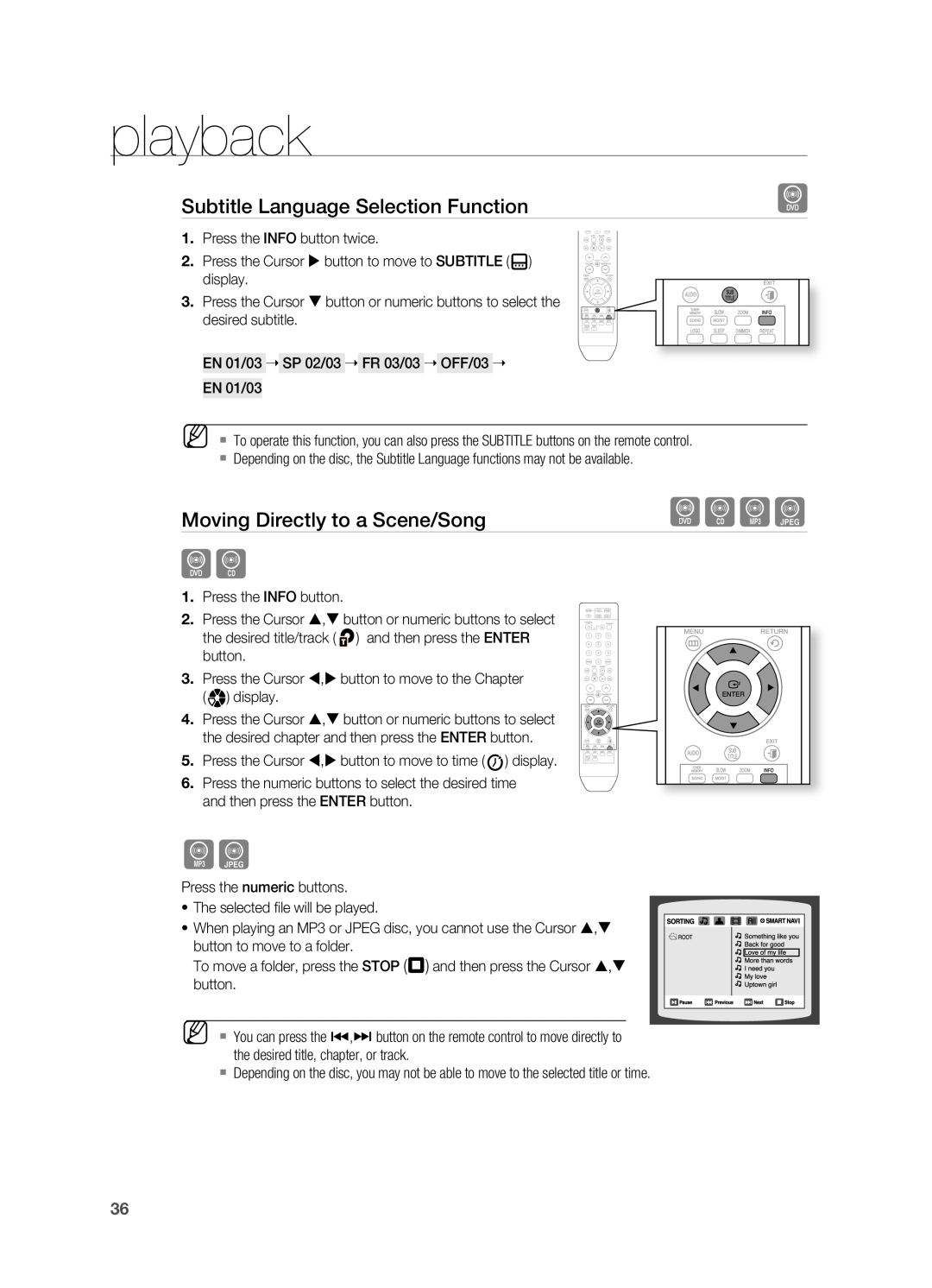 Samsung HT-A100 user manual Subtitle language Selection Function, Moving Directly to a Scene/Song, playback 
