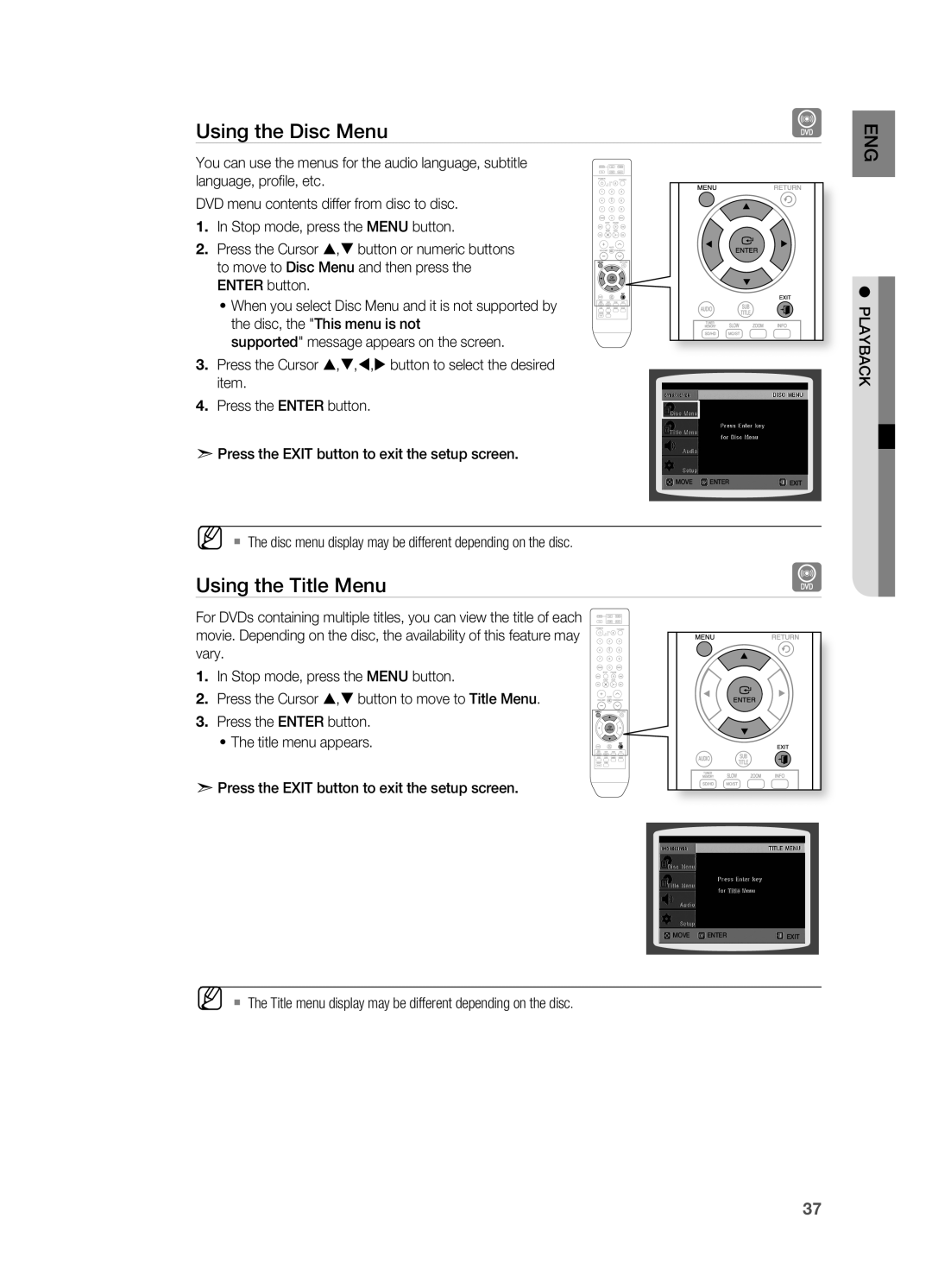 Samsung HT-A100 user manual Using the Disc Menu, Using the Title Menu 