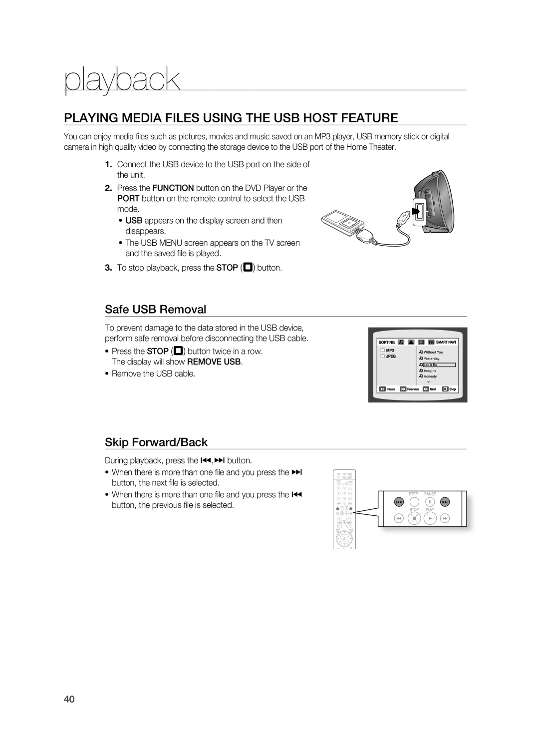 Samsung HT-A100 user manual PlAYINg MEDIA FIlES USINg THE USB HOST FEATUrE, Safe USB removal, playback, Skip Forward/Back 