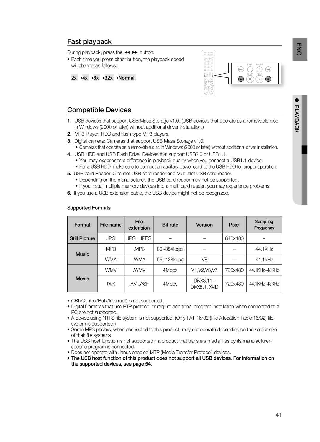 Samsung HT-A100 user manual Fast playback, Compatible Devices 