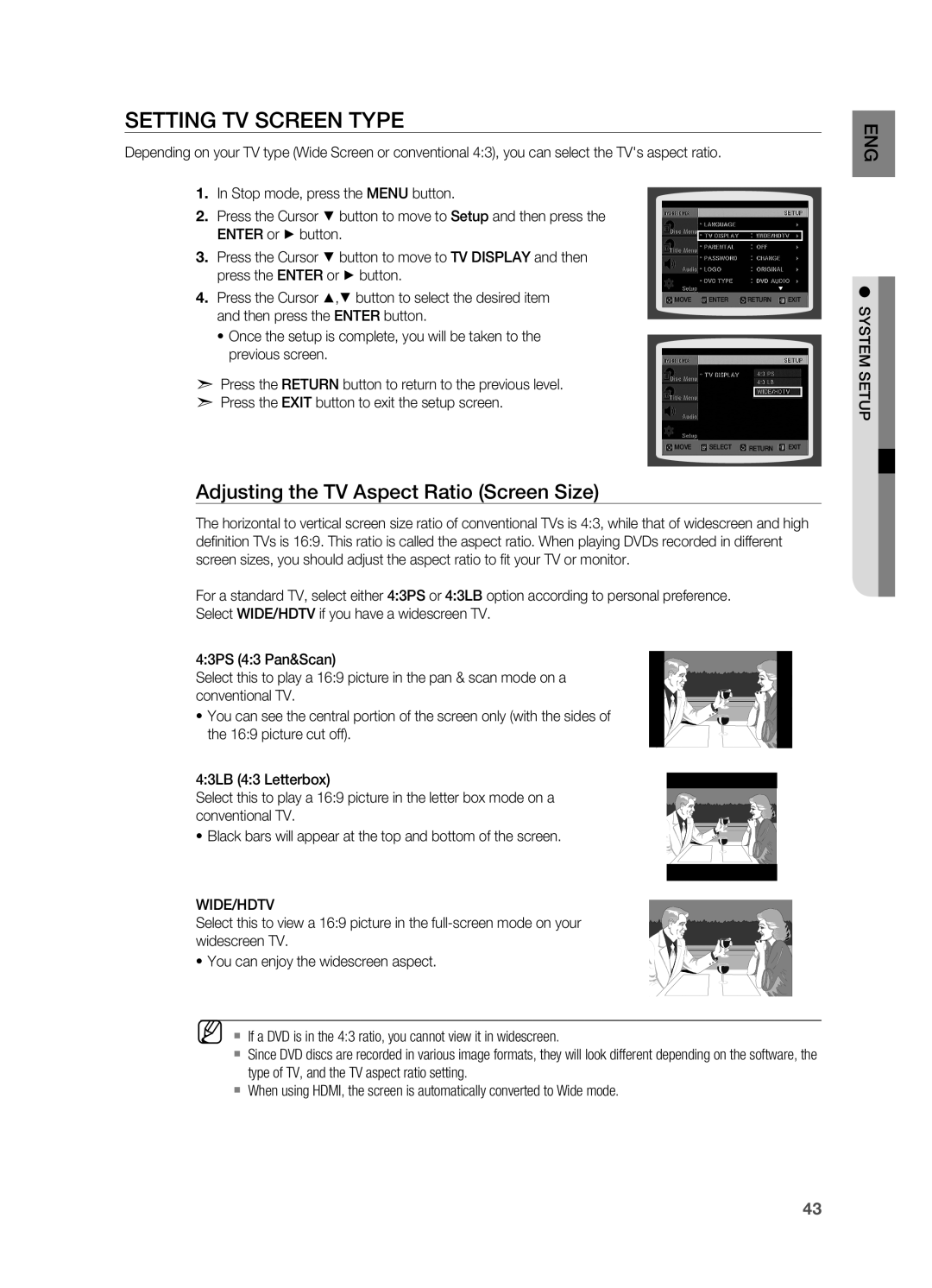 Samsung HT-A100 user manual Setting TV Screen Type, Adjusting the TV Aspect Ratio Screen Size 