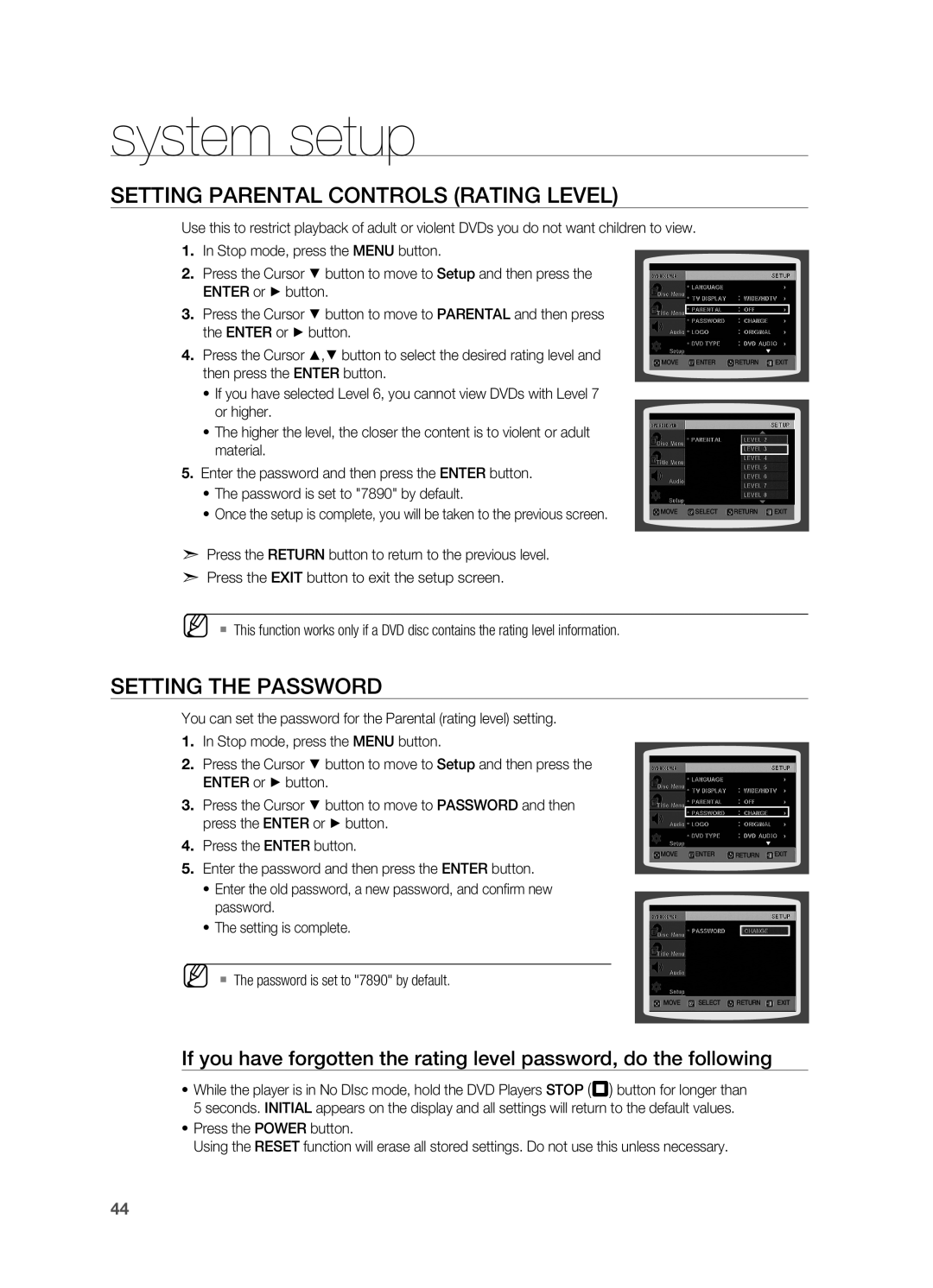 Samsung HT-A100 user manual Setting Parental Controls Rating Level, Setting the Password, system setup 