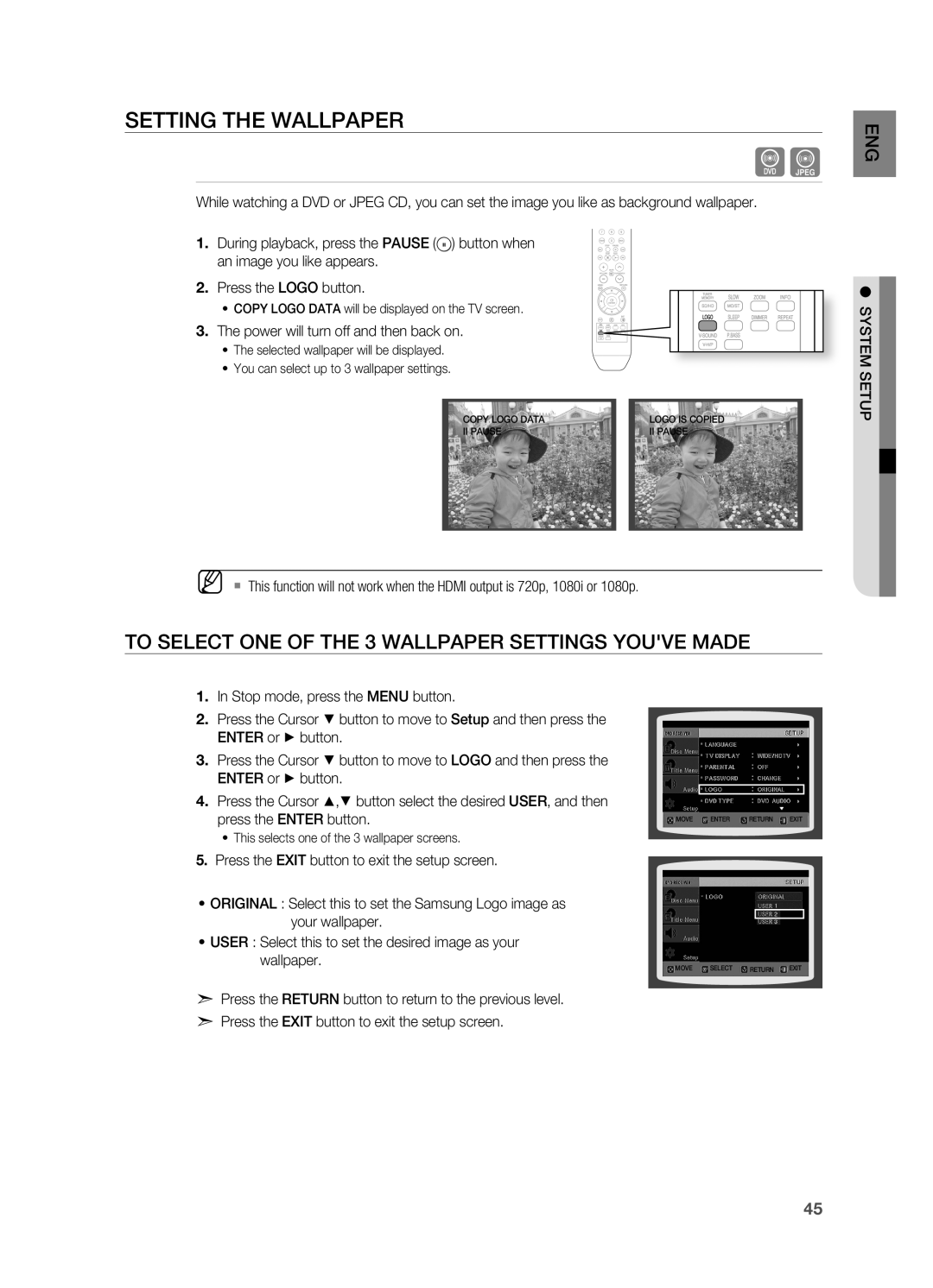 Samsung HT-A100 user manual SETTINg THE WAllPAPEr 