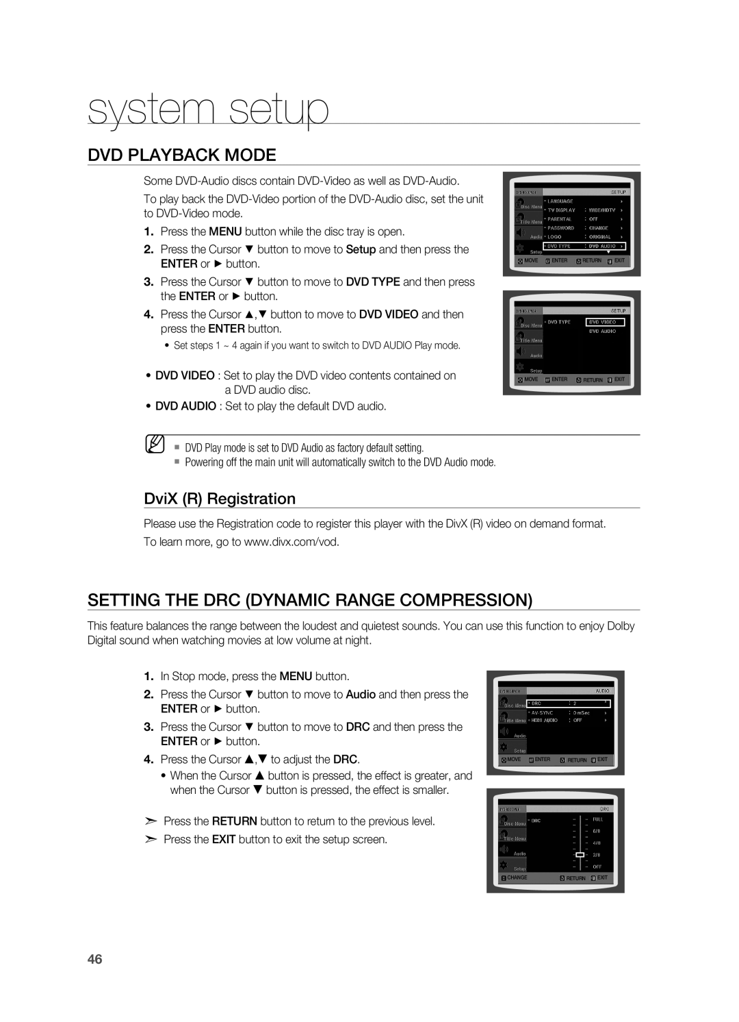 Samsung HT-A100 user manual DVD Playback Mode, Setting the DRC Dynamic Range Compression, DviX R Registration, system setup 
