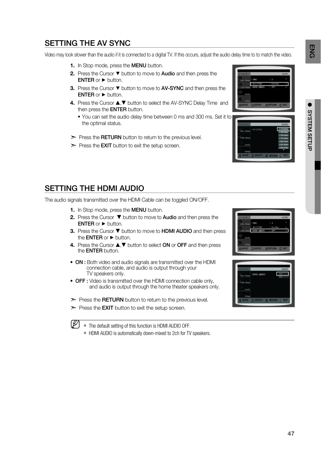 Samsung HT-A100 user manual Setting the AV SYNC, Setting the HDMI Audio 