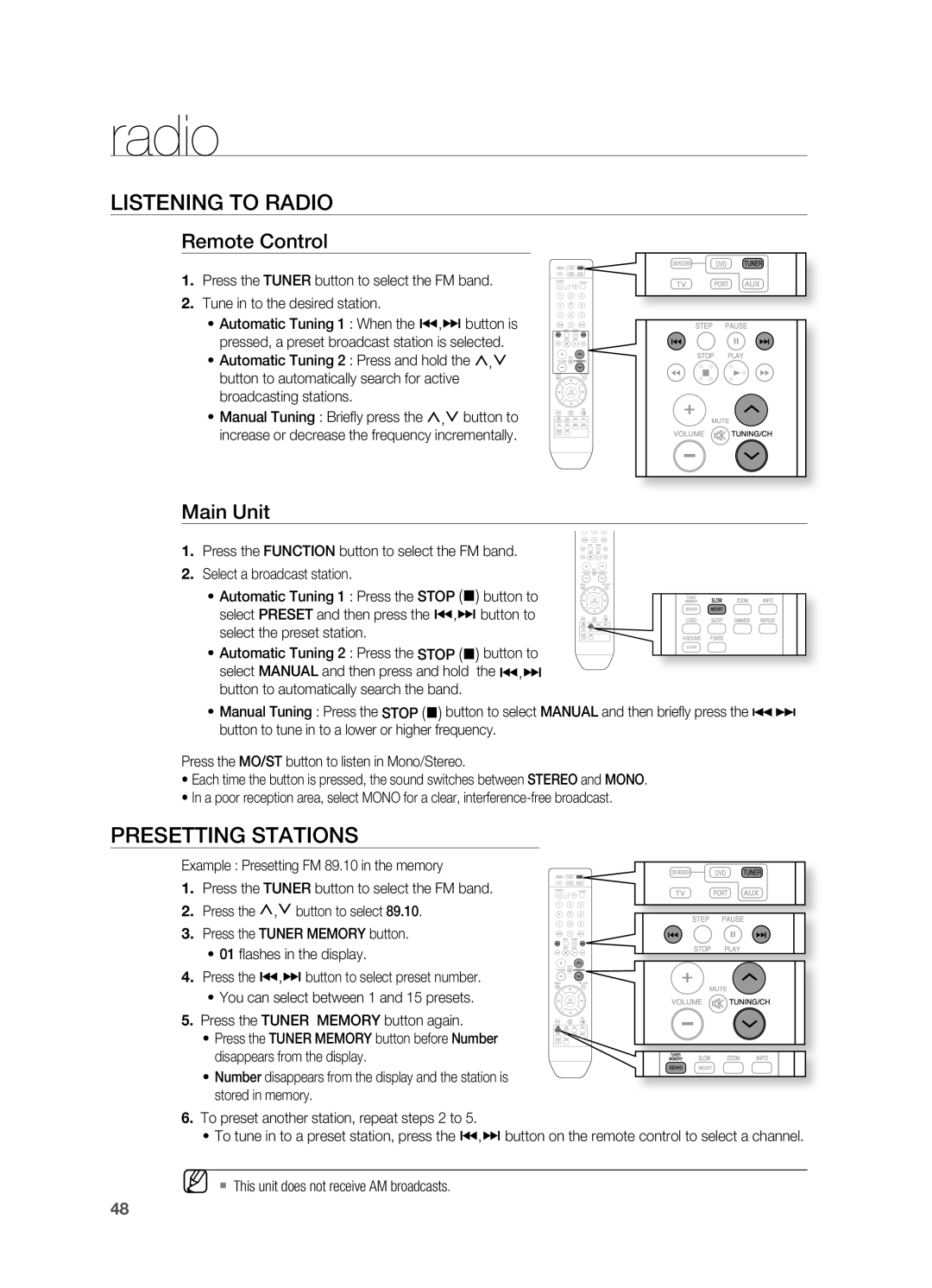 Samsung HT-A100 user manual radio, lISTENINg TO rADIO, PrESETTINg STATIONS, remote Control, Main Unit 