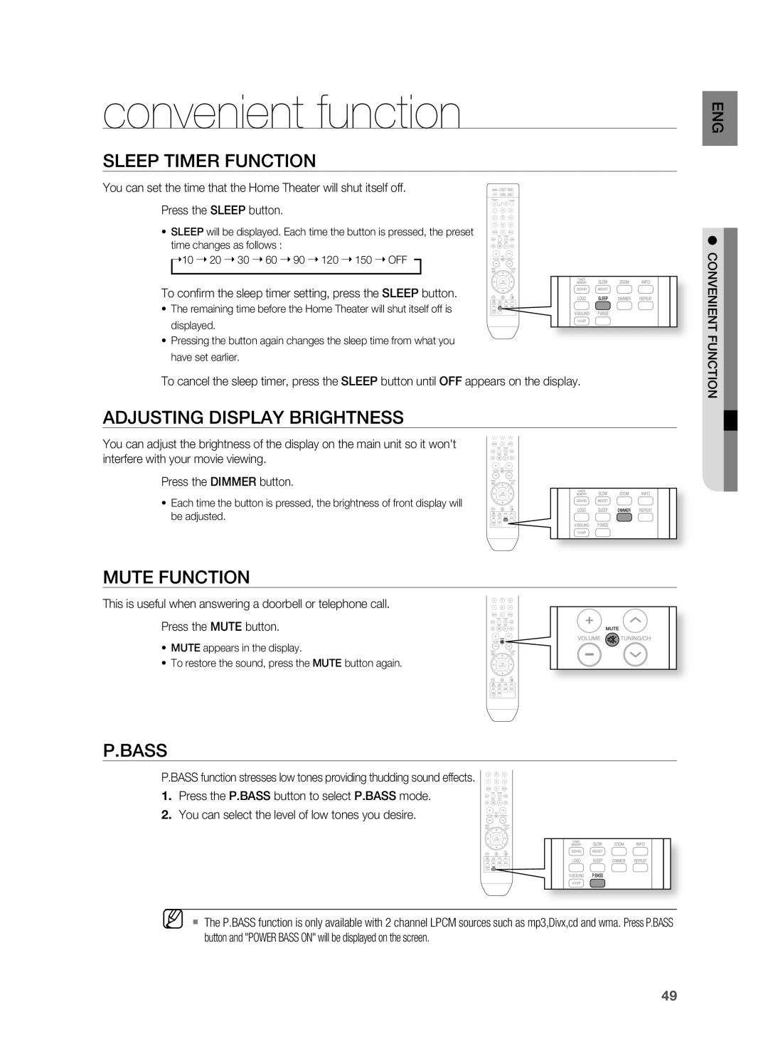 Samsung HT-A100 user manual convenient function, SlEEP TIMEr FUNCTION, ADJUSTINg DISPlAY BrIgHTNESS, Mute Function, P.Bass 