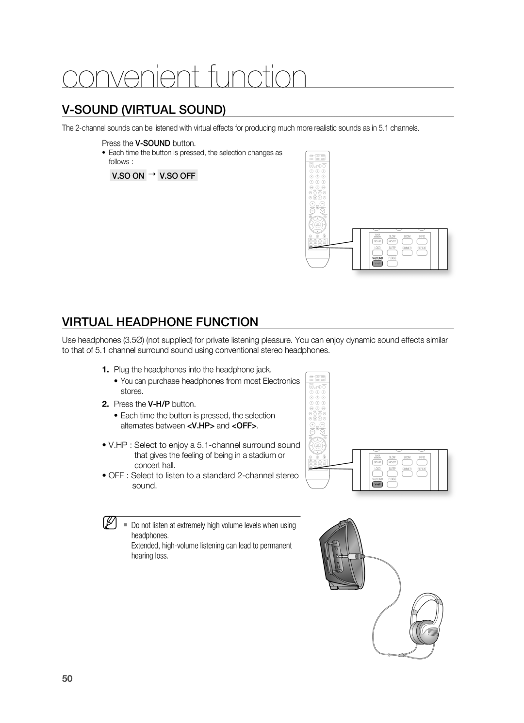 Samsung HT-A100 user manual V-SOUNDVIrTUAl SOUND, VIrTUAl HEADPHONE FUNCTION, convenient function 