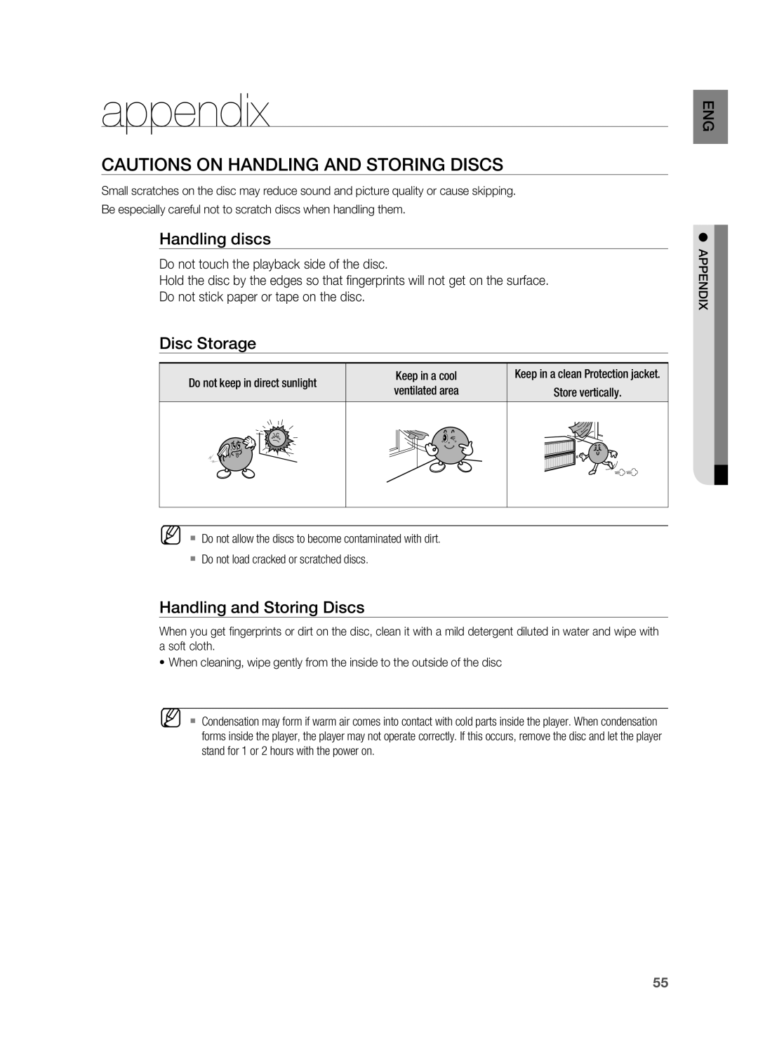 Samsung HT-A100 user manual appendix, Cautions on Handling and Storing Discs, Handling discs, Disc Storage 