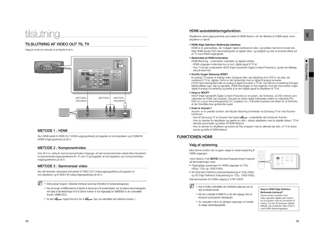 Samsung HT-A100T/XEE, HT-A100WT/XEE manual Tilslutning AF Video OUT TIL TV, Funktionen Hdmi 