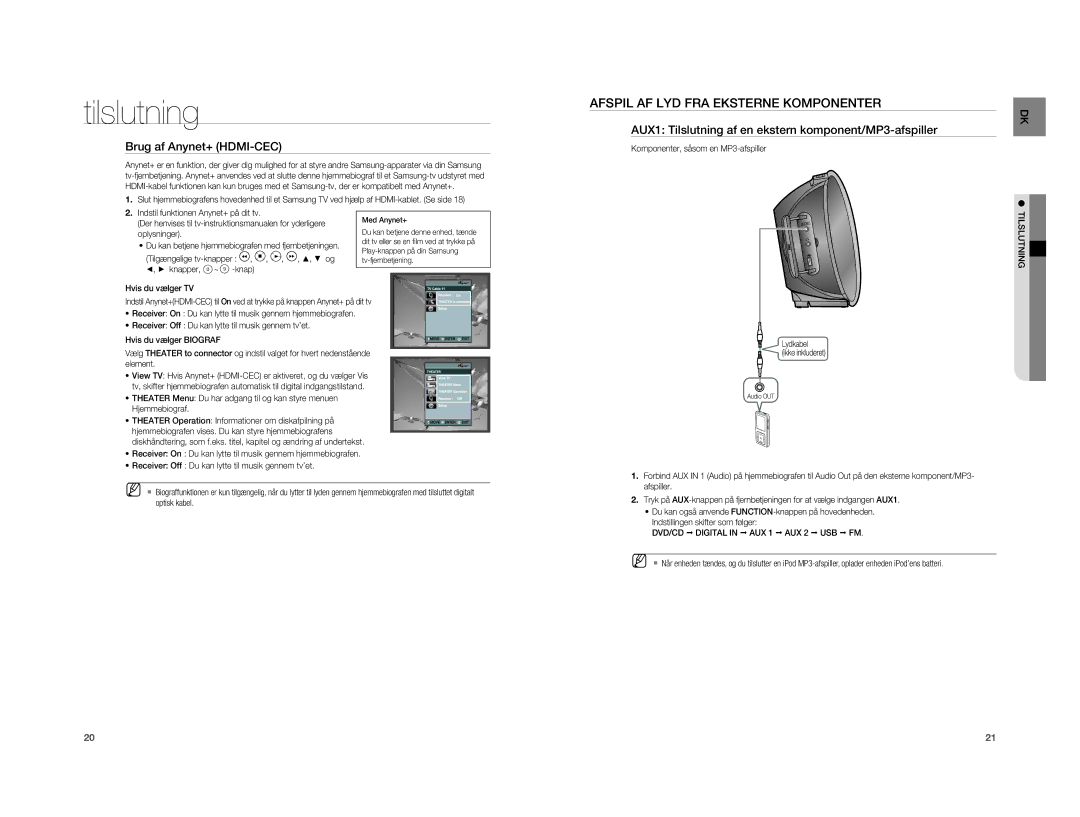 Samsung HT-A100WT/XEE, HT-A100T/XEE manual Afspil AF LYD FRA Eksterne Komponenter, Brug af Anynet+ HDMI-CEC 