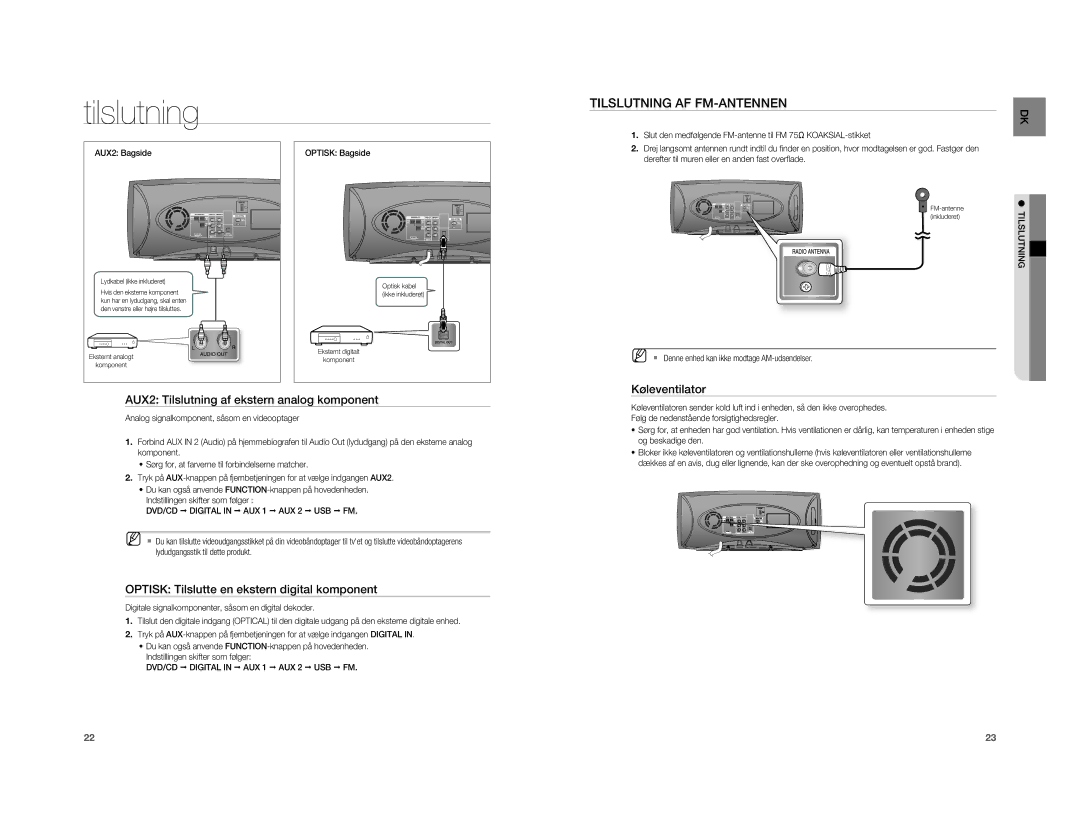 Samsung HT-A100T/XEE manual Tilslutning AF FM-ANTENNEN, Køleventilator AUX2 Tilslutning af ekstern analog komponent 