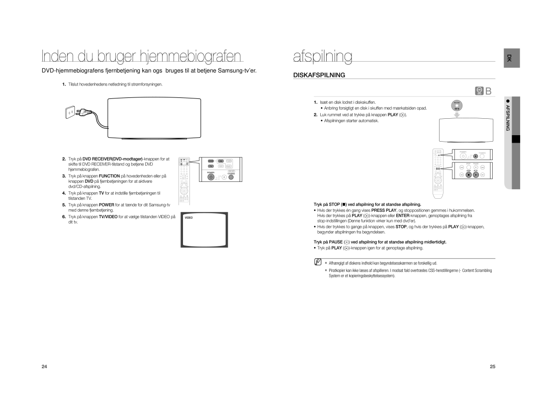 Samsung HT-A100WT/XEE, HT-A100T/XEE manual Inden du bruger hjemmebiografen, Afspilning, Diskafspilning 