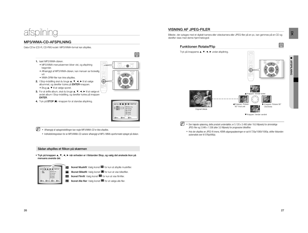 Samsung HT-A100T/XEE manual MP3/WMA-CD-AFSPILNING, Visning AF JPEG-FILER, Funktionen Rotate/Flip, Enter, Afspilning 