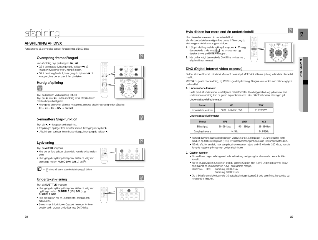 Samsung HT-A100WT/XEE, HT-A100T/XEE manual Afspilning AF Divx 