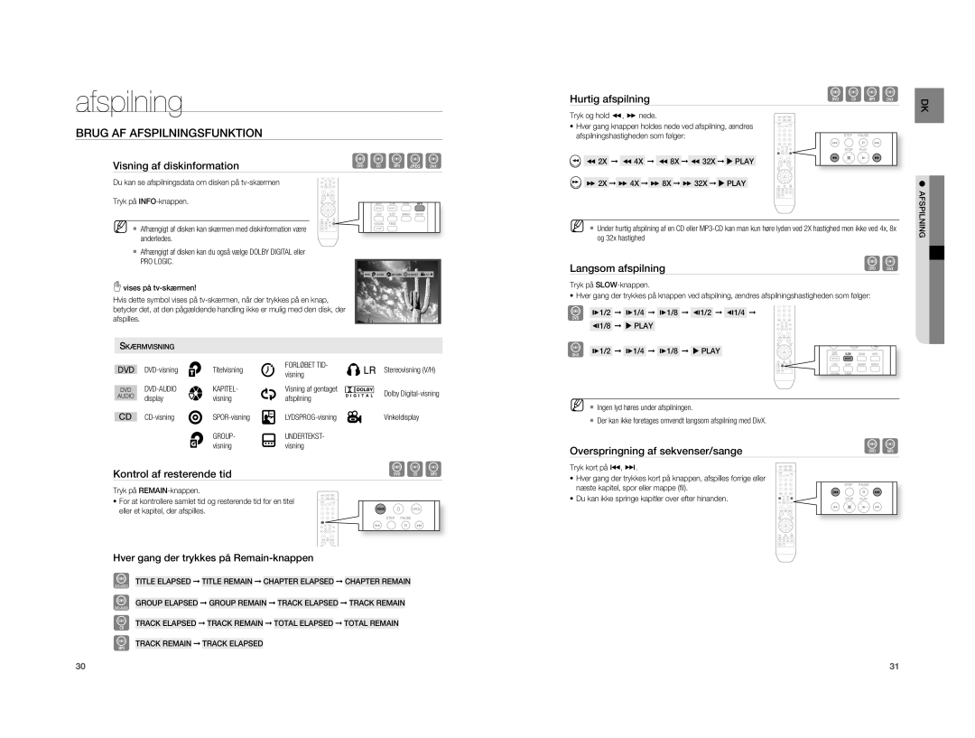 Samsung HT-A100T/XEE, HT-A100WT/XEE manual Brug AF Afspilningsfunktion, Visning af diskinformation, Langsom afspilning 