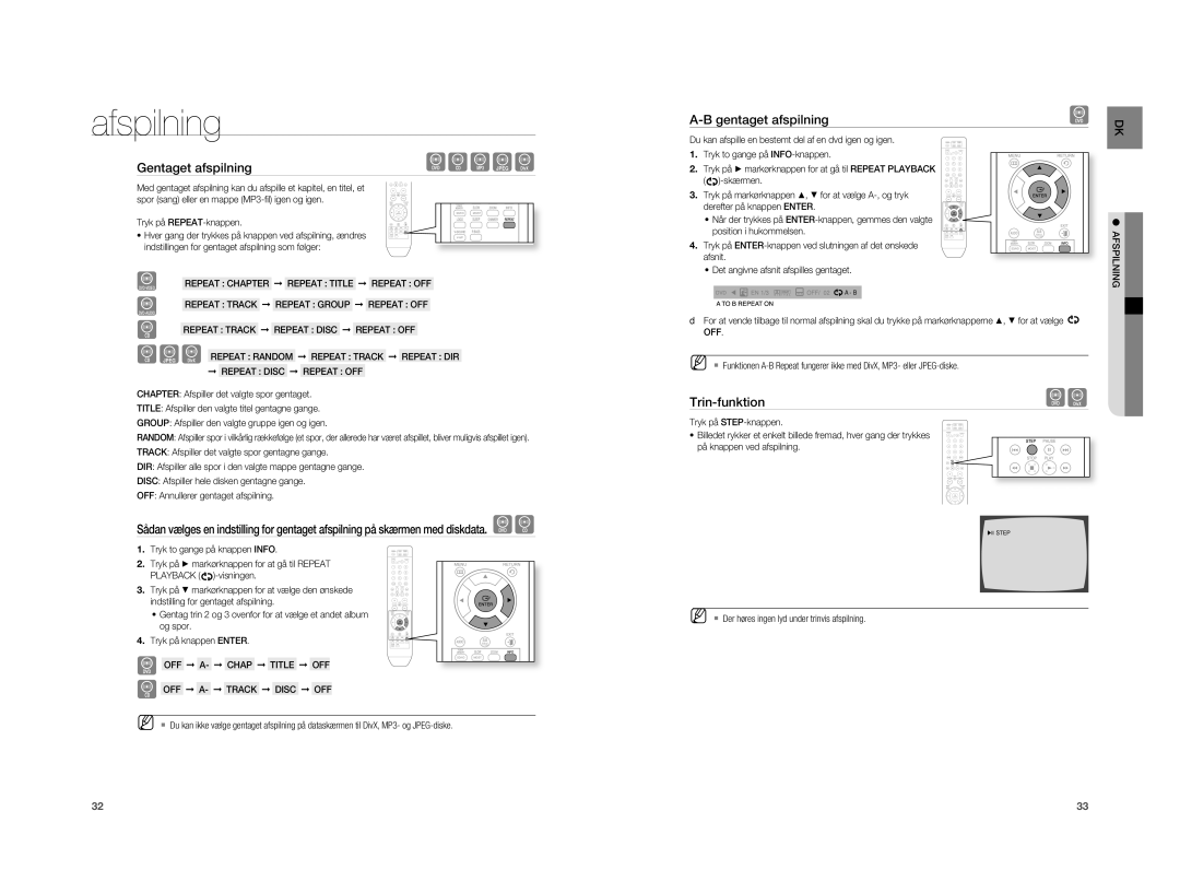 Samsung HT-A100WT/XEE, HT-A100T/XEE manual Gentaget afspilning, Trin-funktion, Tryk på REPEAT-knappen 