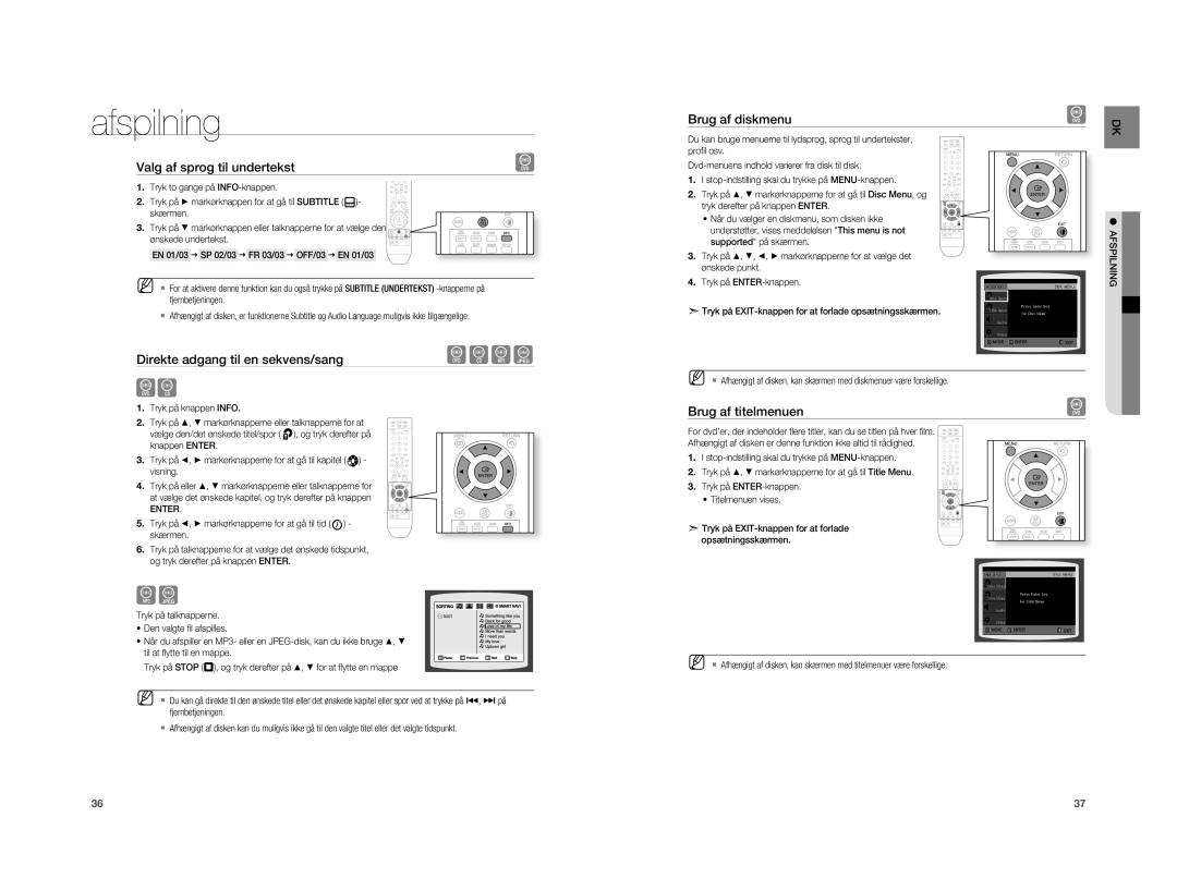 Samsung HT-A100WT/XEE, HT-A100T/XEE Valg af sprog til undertekst, Direkte adgang til en sekvens/sang, Brug af diskmenu 