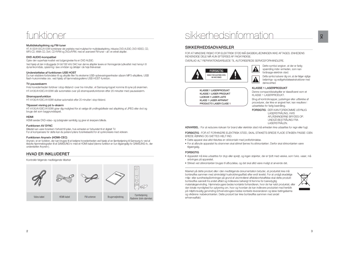 Samsung HT-A100T/XEE, HT-A100WT/XEE manual Funktioner, Sikkerhedsinformation, Sikkerhedsadvarsler, Hvad ER Inkluderet 