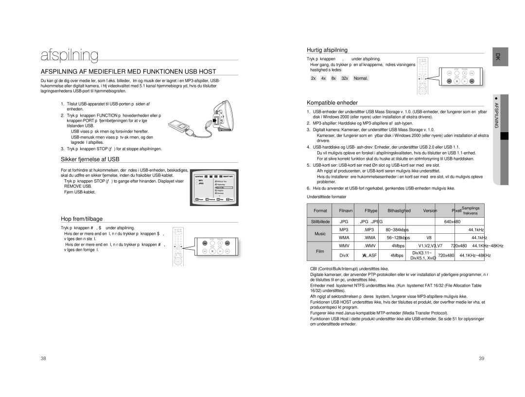 Samsung HT-A100T/XEE manual Afspilning AF Mediefiler MED Funktionen USB Host, Sikker fjernelse af USB, Hop frem/tilbage 