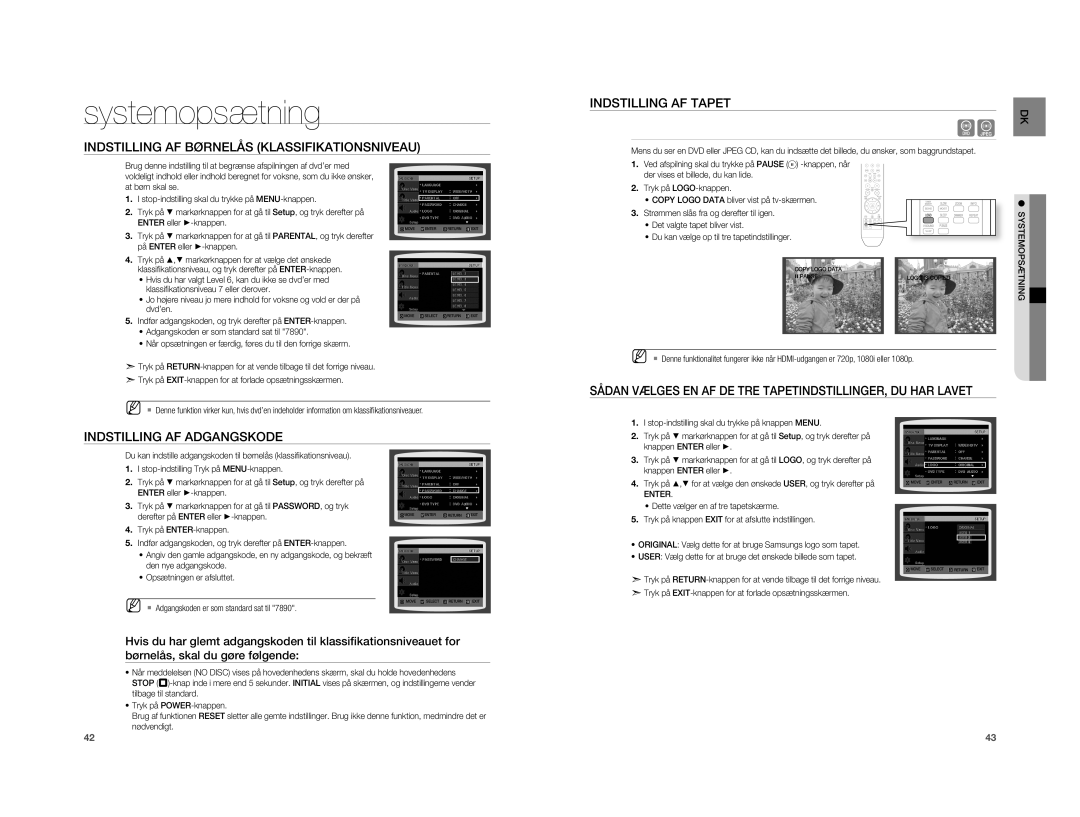 Samsung HT-A100T/XEE manual Indstilling AF Børnelås Klassifikationsniveau, Indstilling AF Tapet, Indstilling AF Adgangskode 