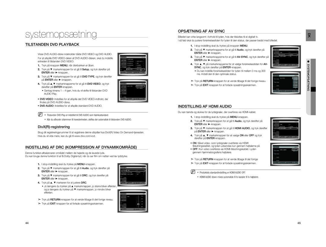 Samsung HT-A100WT/XEE manual Opsætning AF AV Sync, Tilstanden DVD Playback, Indstilling AF Hdmi Audio, DivXR-registrering 