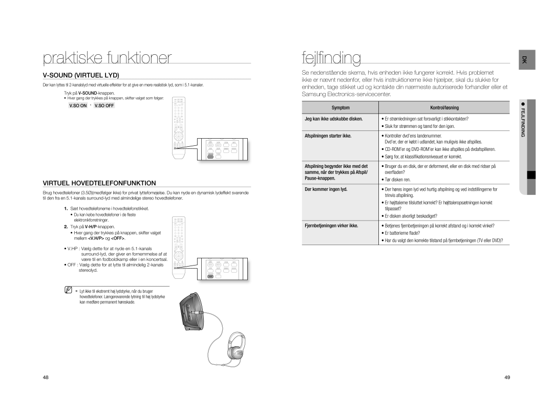 Samsung HT-A100WT/XEE manual Fejlﬁ nding, Sound Virtuel LYD, Virtuel Hovedtelefonfunktion, SO on ¬ V.SO OFF, Fejlfinding 