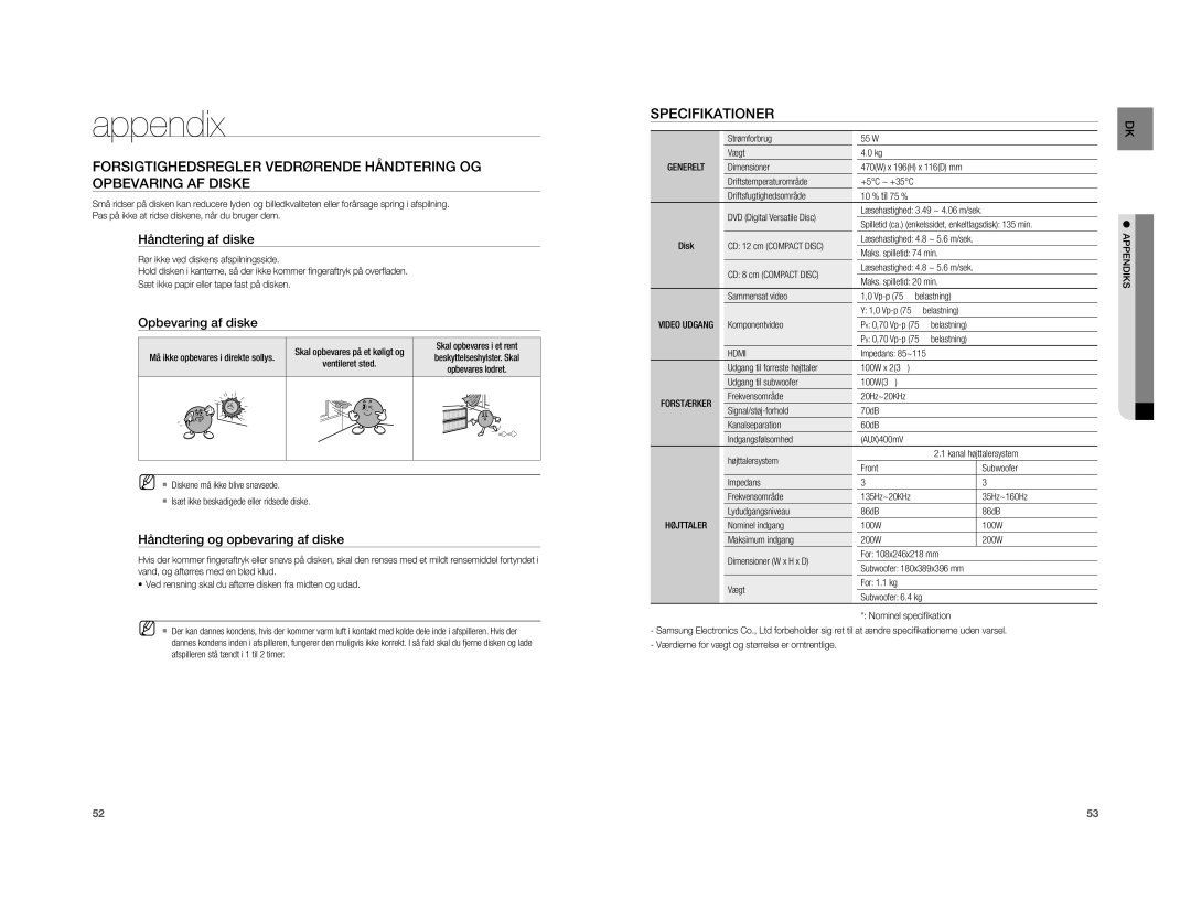 Samsung HT-A100WT/XEE, HT-A100T/XEE manual Appendix, Specifikationer, Håndtering af diske, Opbevaring af diske 