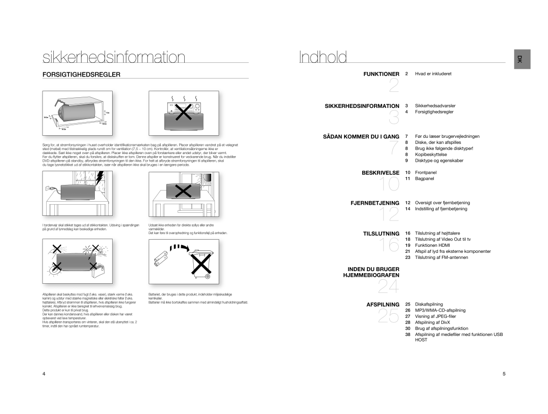 Samsung HT-A100WT/XEE, HT-A100T/XEE manual Indhold, Forsigtighedsregler 