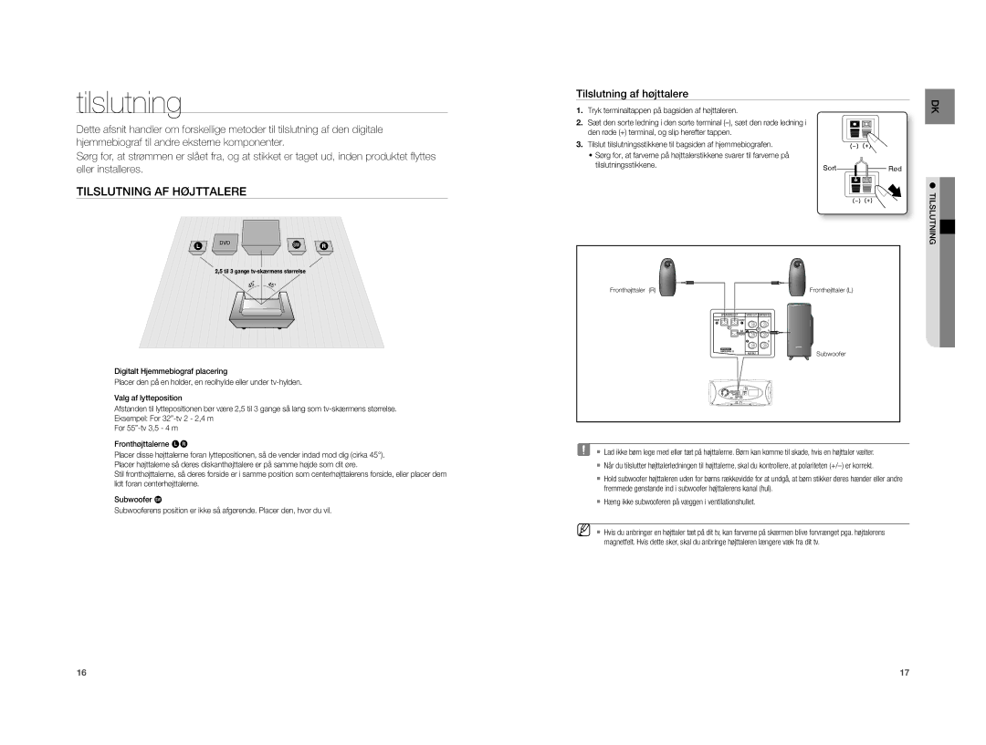 Samsung HT-A100WT/XEE, HT-A100T/XEE manual Tilslutning AF Højttalere, Tilslutning af højttalere 