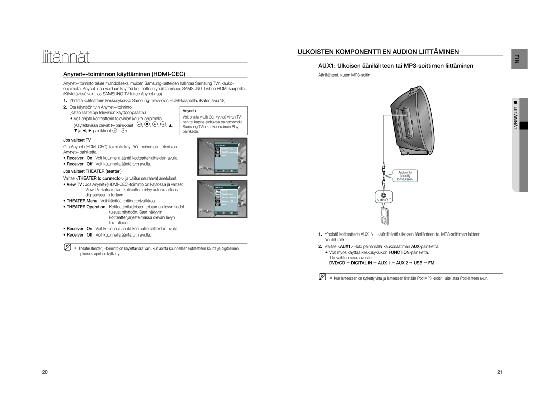 Samsung HT-A100WT/XEE, HT-A100T/XEE Ulkoisten Komponenttien Audion Liittäminen, Anynet+-toiminnon käyttäminen HDMI-CEC 